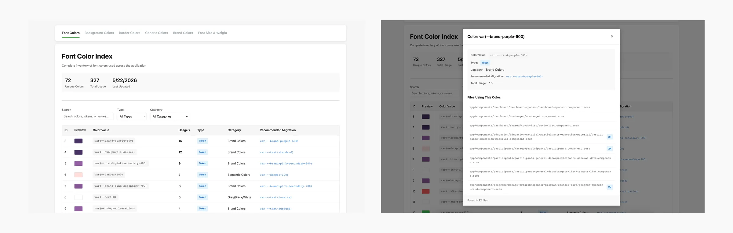 Using Cursor AI to analyse token and colour usage across the product