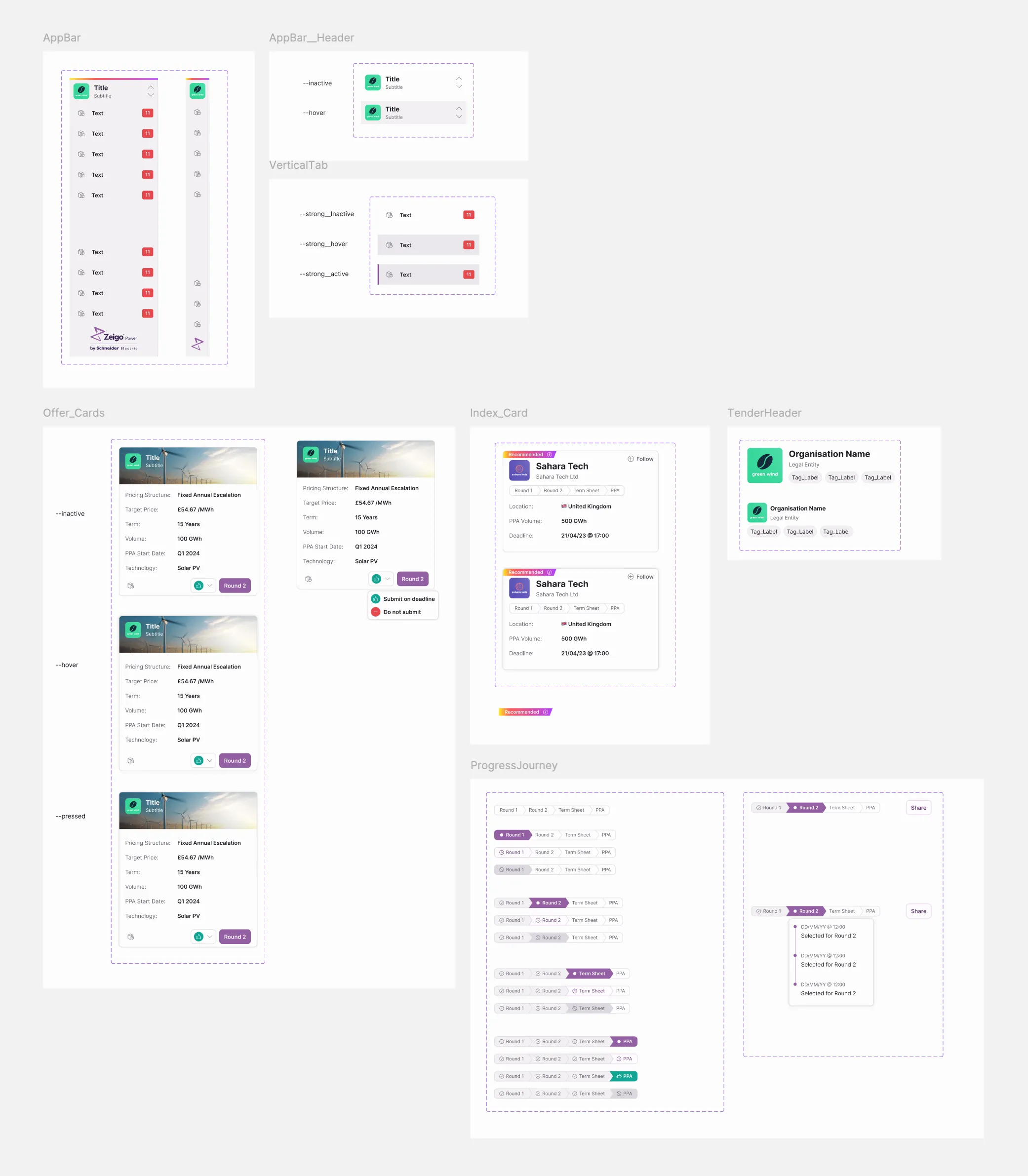 Zeigo-specific component shapes such as AppBar, Offer Cards and TenderHeader