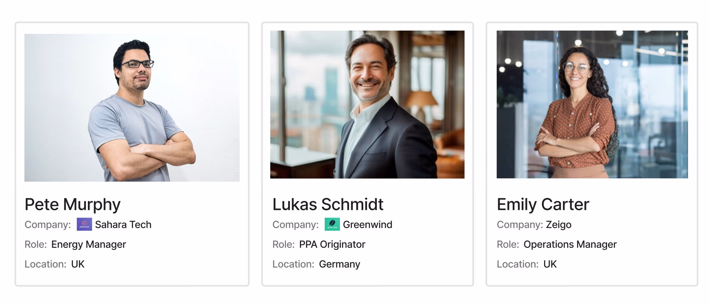 The three personas: Corporate Buyer, Renewable Energy Developer, and Operations Team